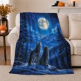 thumbnail image 1 of Two Wolves beneath Full Moon in Blue Forest, Dramatic Rustic Style for Wildlife Lovers, Mountain Pack Scene and Christmas Gift, Warm Flannel Blanket for Cabin and Lodge, Home Decor, 1 of 9