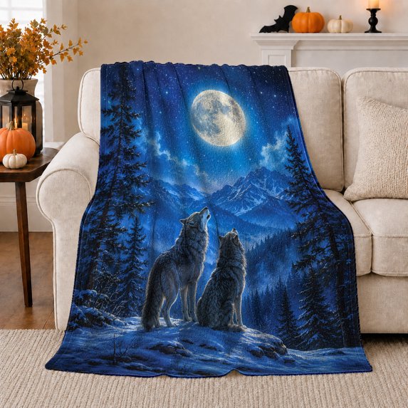 Two Wolves beneath Full Moon in Blue Forest, Dramatic Rustic Style for Wildlife Lovers, Mountain Pack Scene and Christmas Gift, Warm Flannel Blanket for Cabin and Lodge, Home Decor