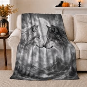 Two Wolves beneath Moonlit Forest Sky, Dramatic Wildlife Style for Wolf Lovers, Black and White Wolf Portrait and Birthday Gift, Cozy Flannel Blanket for Cabin and Bedroom, Home Decor