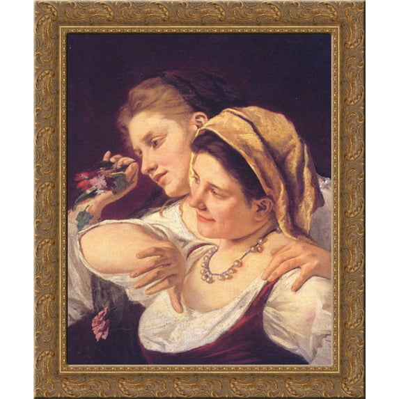 Two Women Throwing Flowers During Carnival 20x23 Gold Ornate Wood Framed Canvas Art by Cassatt, Mary,