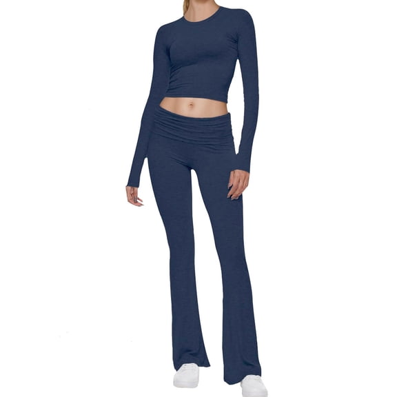 Two Women's Round Neck Long Sleeve Tops and Flare Pants Casual Lounge Wear Sets