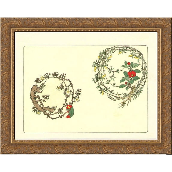 Two Wreaths - Comparison of Flowers 24x20 Gold Ornate Wood Framed Canvas Art by Shibata Zeshin