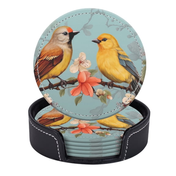 Two Yellow Finches Sitting On Branch Surrounded By Flowers