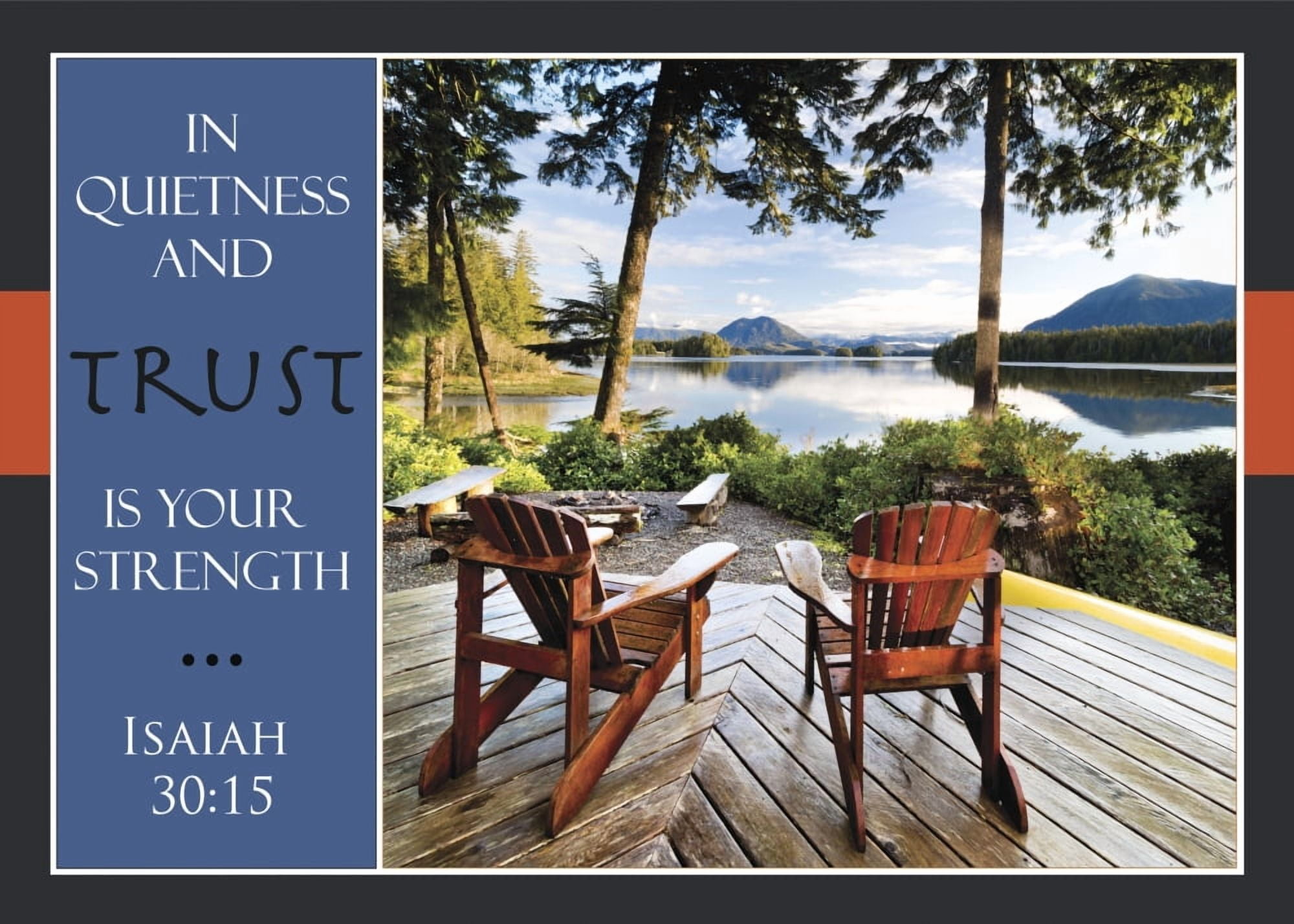 Two adirondack chairs on a deck looking out over Jensen Bay with a scripture verse from Isaiah 3015 Tofino British Columbia Canada Canvas Art - Lorna Rande  Design Pics (18 x 13)
