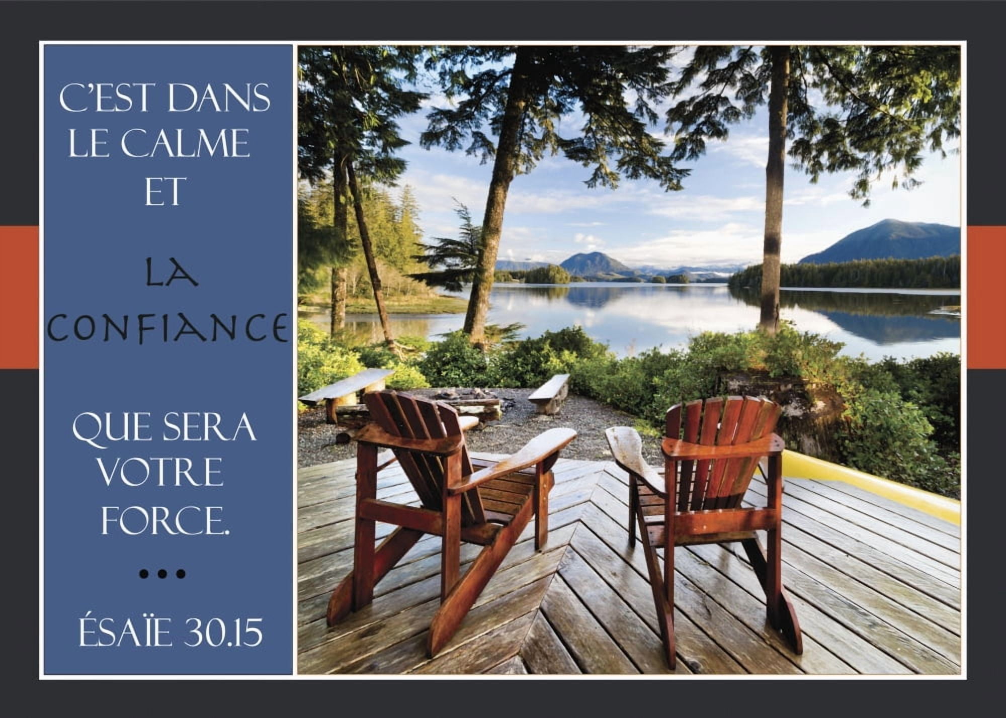 Two adirondack chairs on a deck looking out over Jensen Bay with a scripture verse in french Tofino British Columbia Canada Canvas Art - Lorna Rande Design Pics (18 x 13)