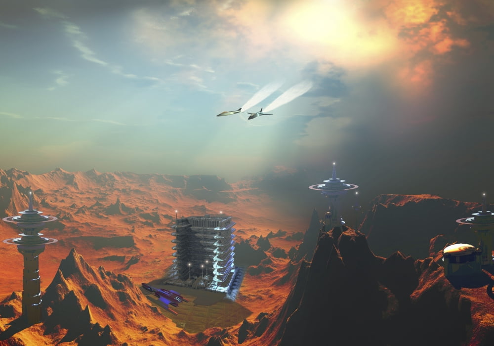 Two aircraft fly over an enemy base of operations Canvas Art - Corey FordStocktrek Images (34 x 24)