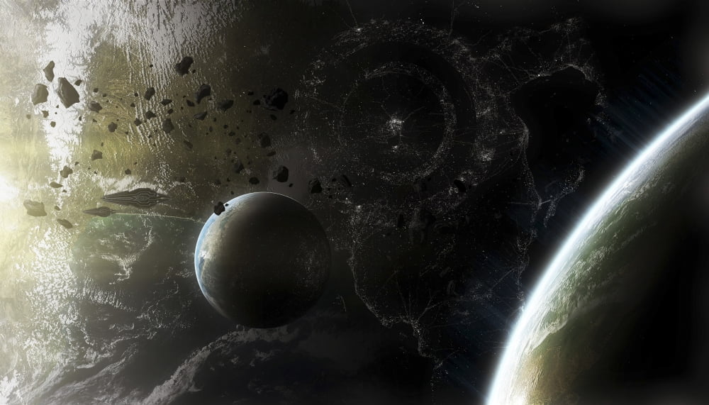 Two alien destroyer vessels patrol the orbit of their immensely large homeworld Canvas Art - Kevin LafinStocktrek Images (38 x 22)
