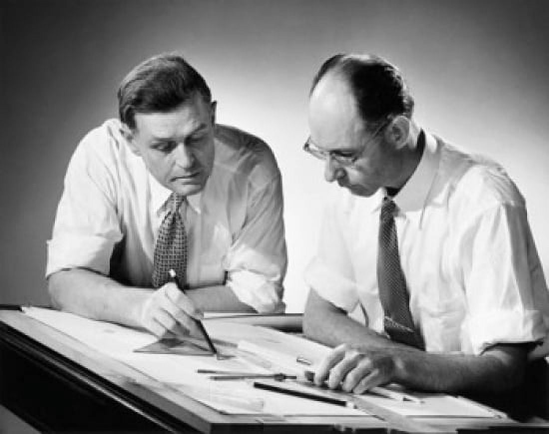 Two architects discussing a blueprint Canvas Art - (18 x 24)
