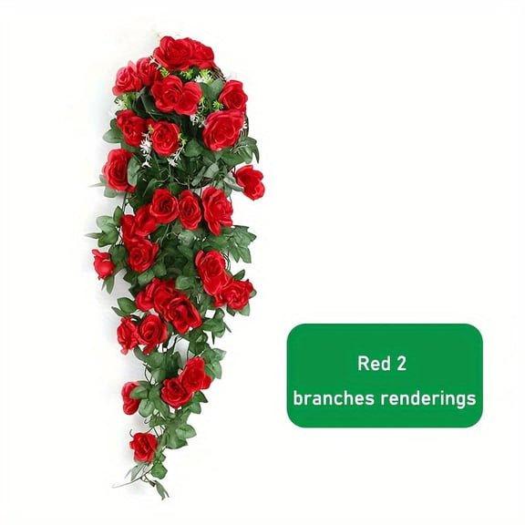 Two artificial roses, hanging rose vines, artificial hanging basket plant vines.