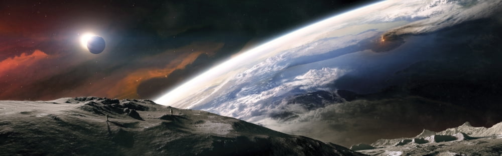 Two astronauts exploring a moon Canvas Art - Tobias RoetschStocktrek Images (26 x 8)