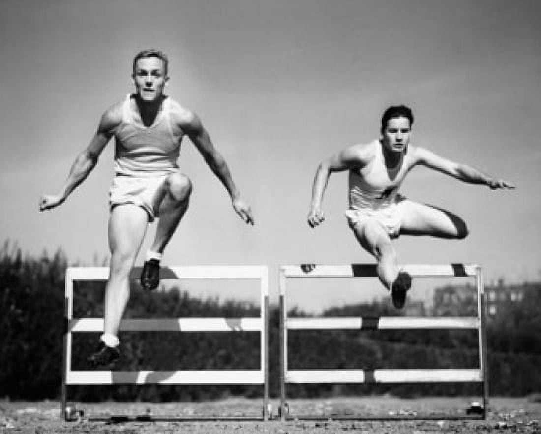 Two athletes jumping over hurdles Canvas Art - (18 x 24)