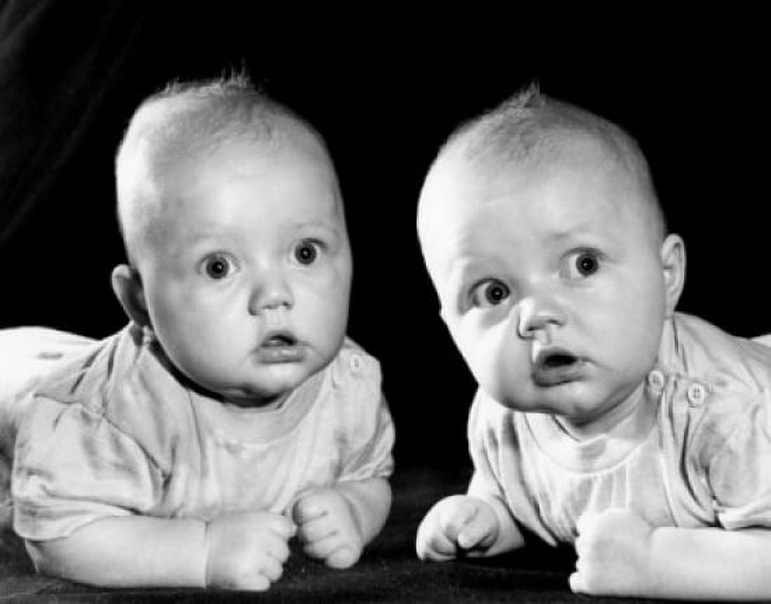 Two babies leaning on elbows Canvas Art - (24 x 36)
