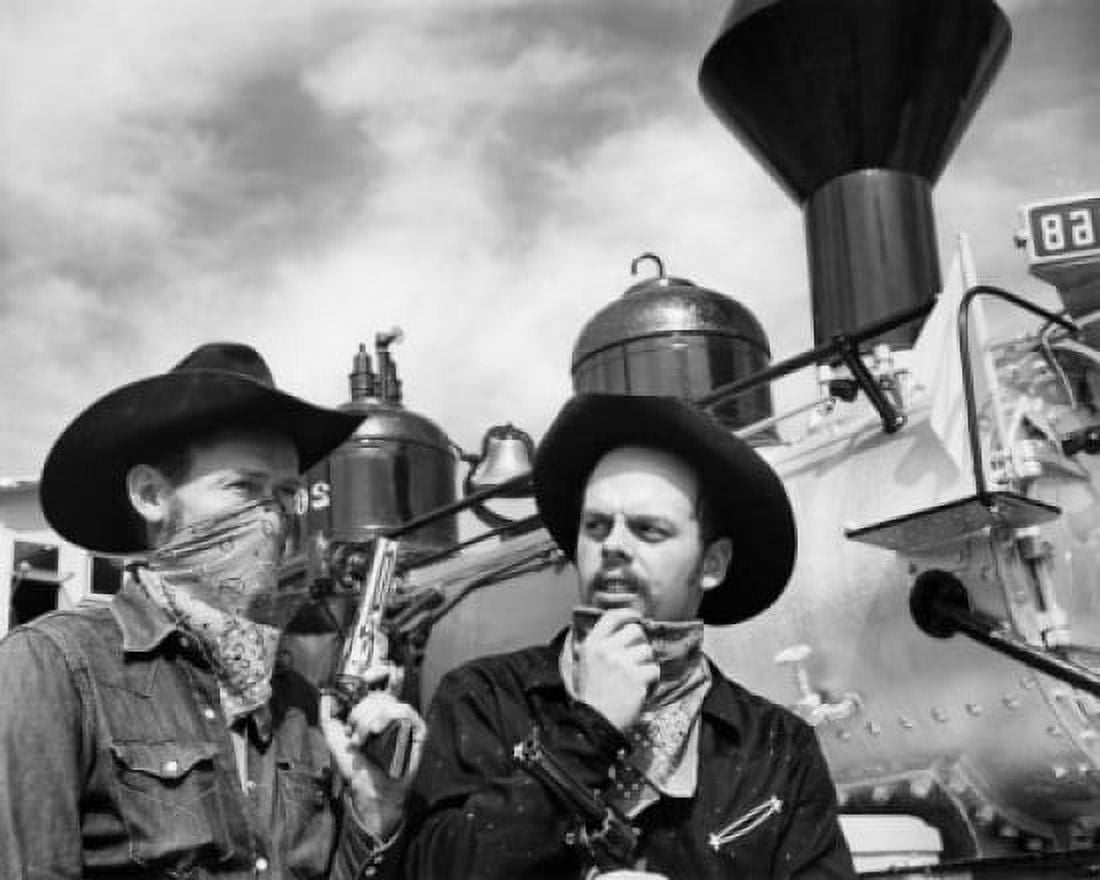 Two bandits standing near train Canvas Art - (18 x 24)