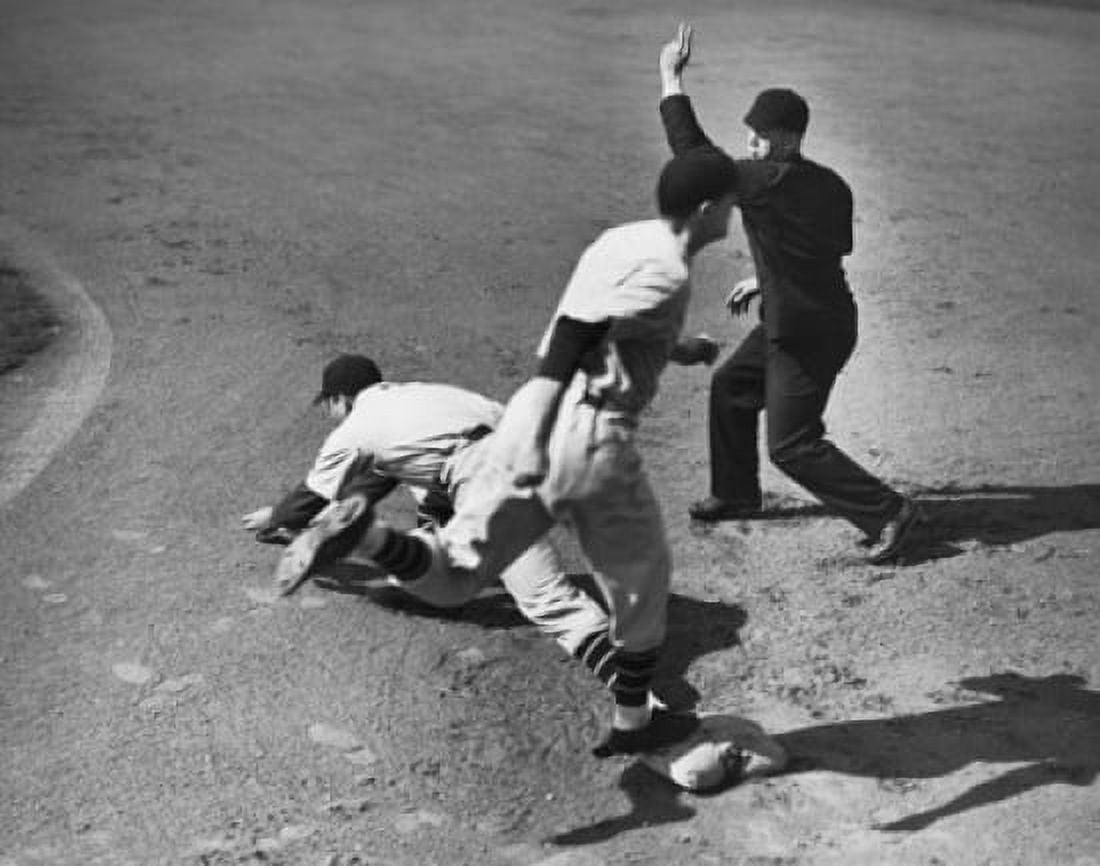 Two baseball players playing in a baseball field and a baseball umpire gesturing Canvas Art - (24 x 36)