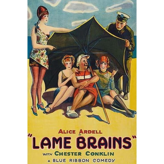 Two beach beauties and older man sit under an umbrella as a cop peers under to see what's going on Poster Print by Unknown (24 x 36)