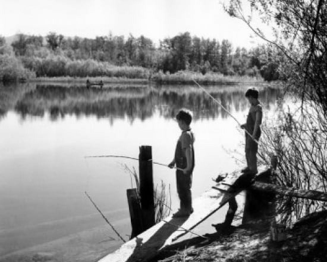 Two boys fishing in lake Canvas Art - (24 x 36)