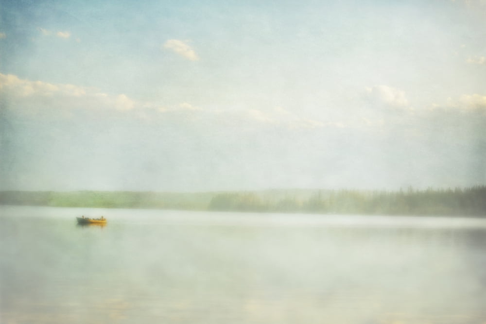 Two boys in a fishing boat in cow lake in the summerCow lake alberta canada Canvas Art - Roberta Murray Design Pics (19 x 12)