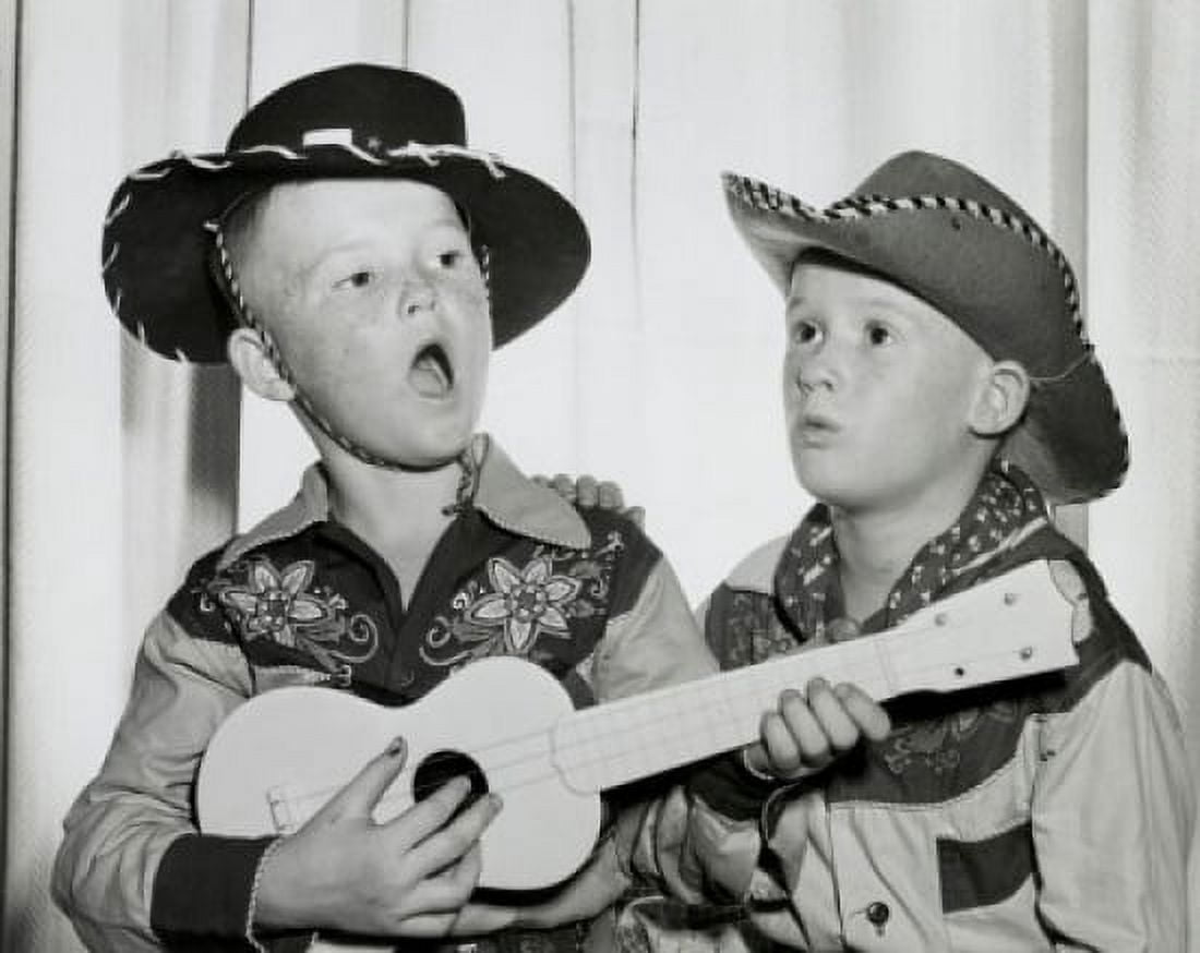 Two boys in cowboy costumes performing on stage Canvas Art - (18 x 24)