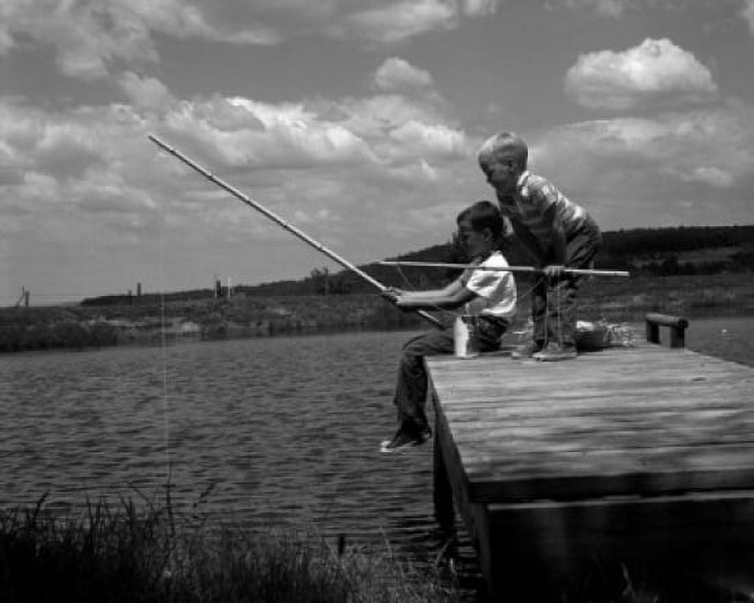 Two boys on pier fishing Canvas Art - (18 x 24)