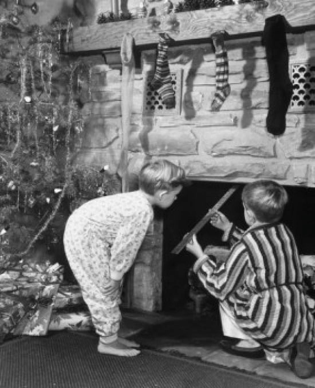 Two boys peeping into a fireplace Canvas Art - (24 x 36)