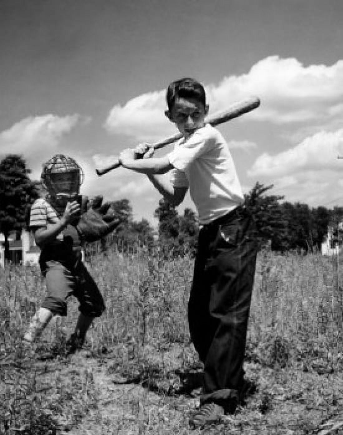 Two boys playing baseball in field Canvas Art - (18 x 24)
