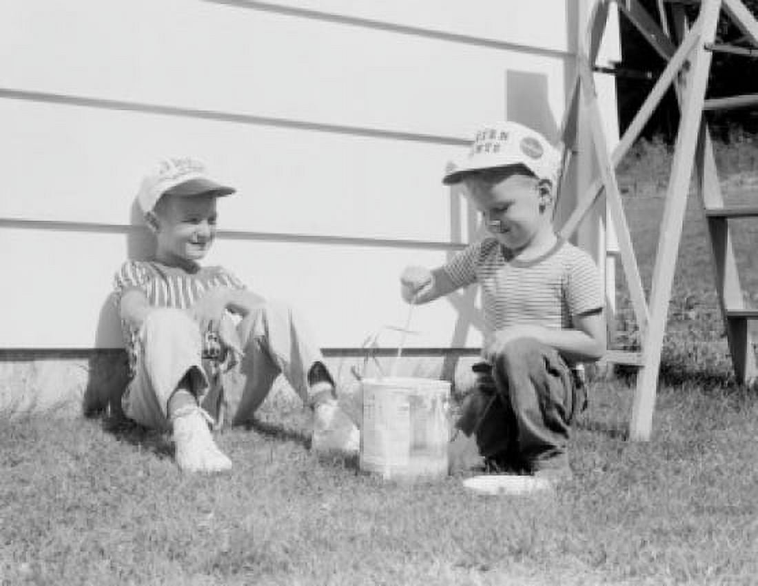 Two boys playing in back yard Canvas Art - (24 x 36)