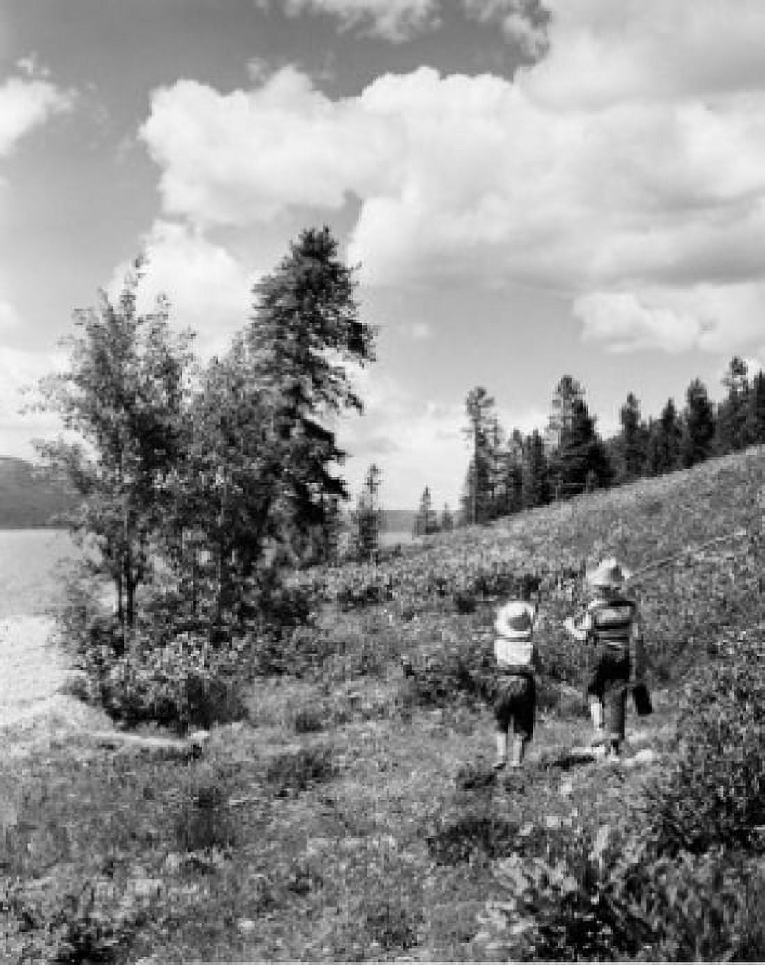 Two boys with fishing rods on meadow Canvas Art - (18 x 24)