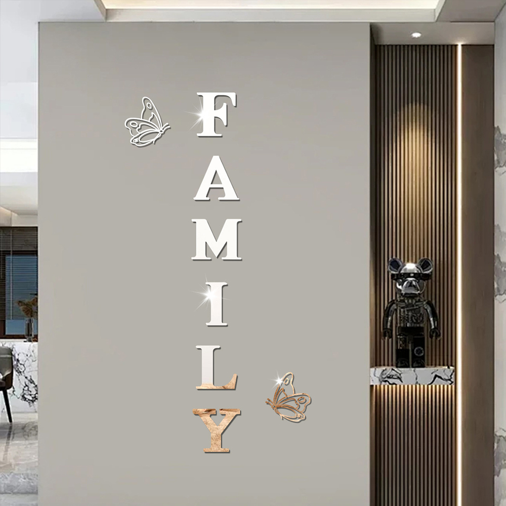 Two butterflies English Letters Family 3D Mirror Wall Stickers Self-Adhesive DIY Acrylic Decals For Living Room Home Decoration