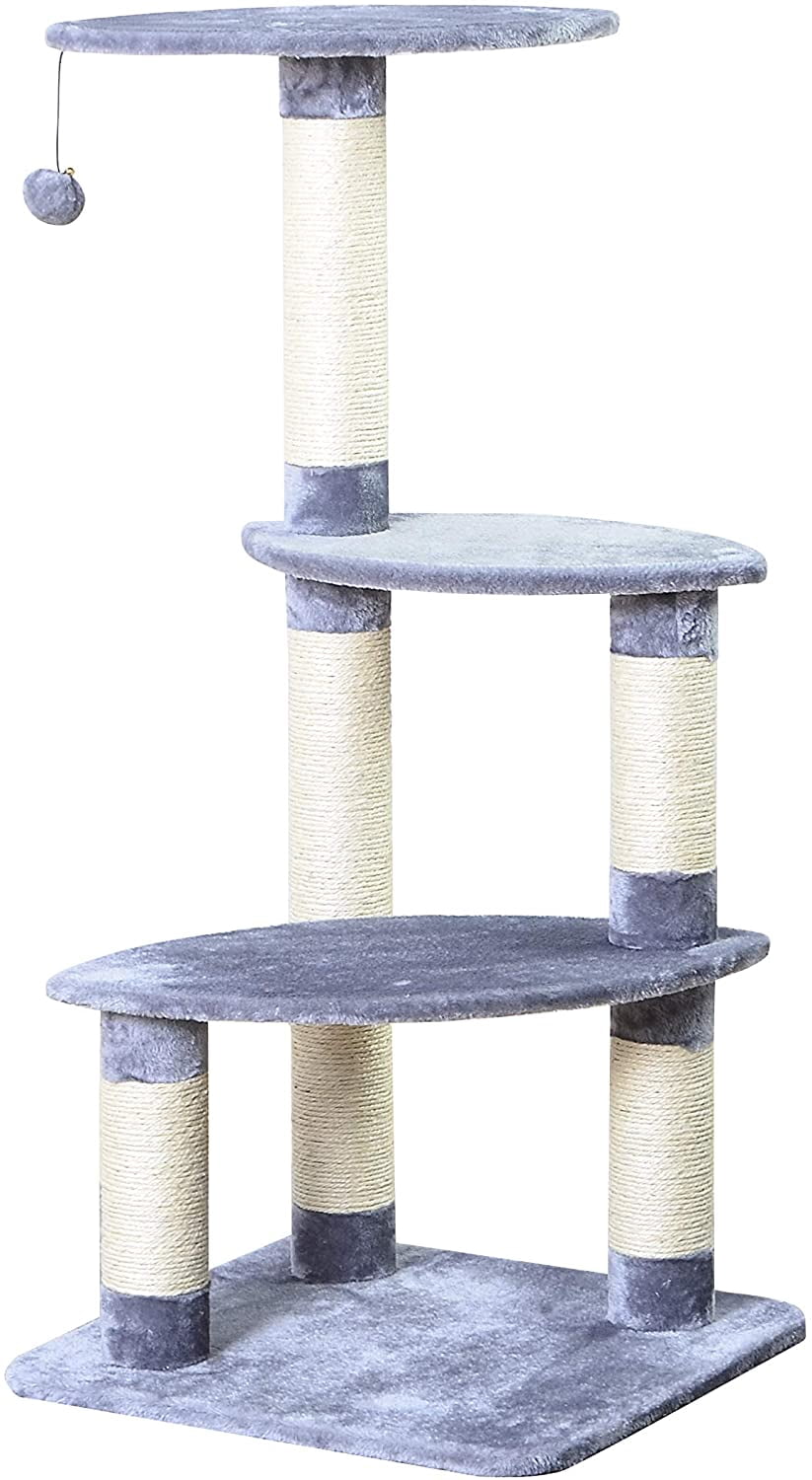 Two by Two Cat Scratching Pads Plush Grey Cat Tower with 3 Sisal Scratching Columns
