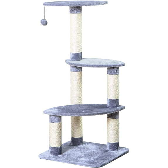 Two by Two Cat Scratching Pads Plush Grey Cat Tower with 3 Sisal Scratching Columns