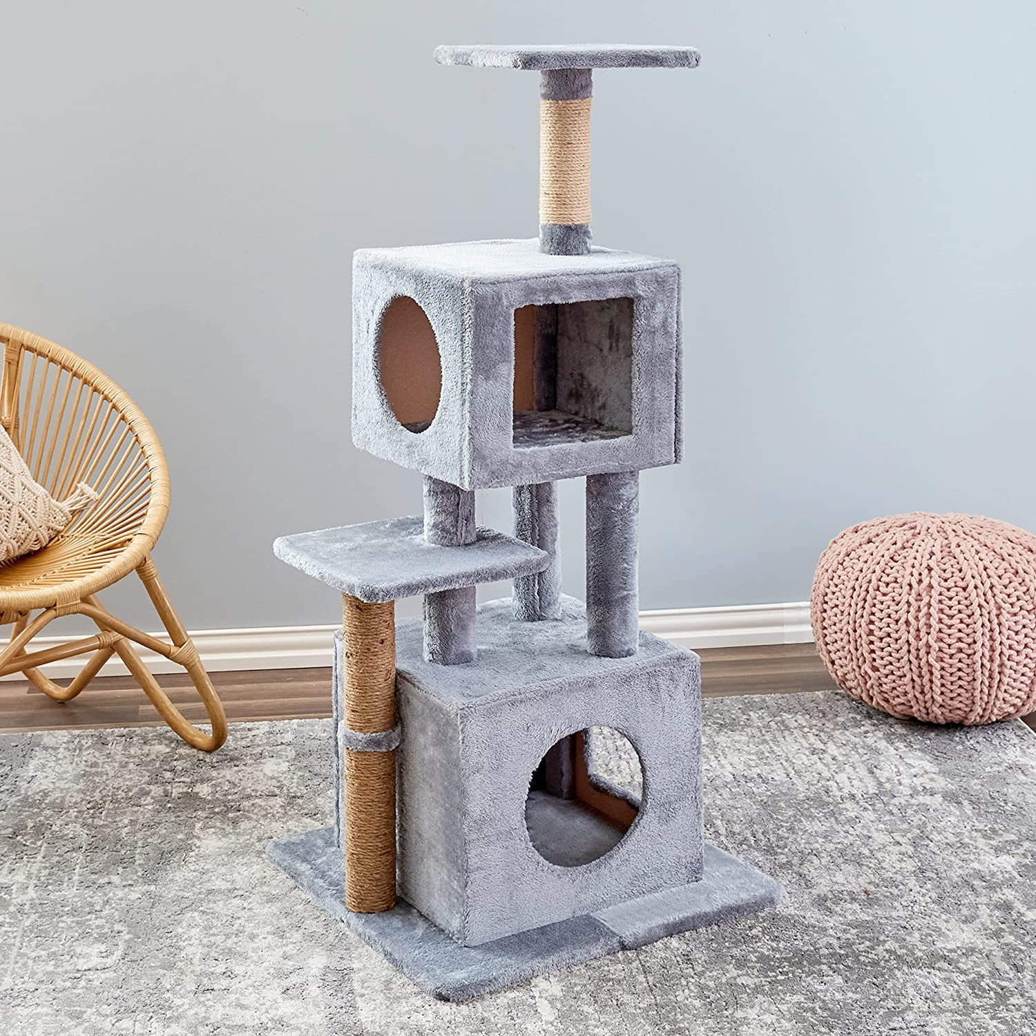 Gray Freestanding Jute and Wood Cat Tree with Condos and Perches