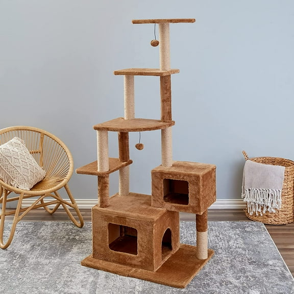 Two by Two Walnut Brown 66-inch Cat Tree, Tower, Condo, Scratch Pad & Playground