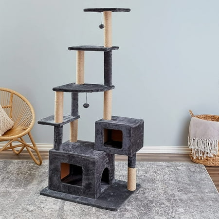 Two by Two Walnut Dark Grey 66-inch Cat Tree, Tower, Condo, Scratching Post & Playground