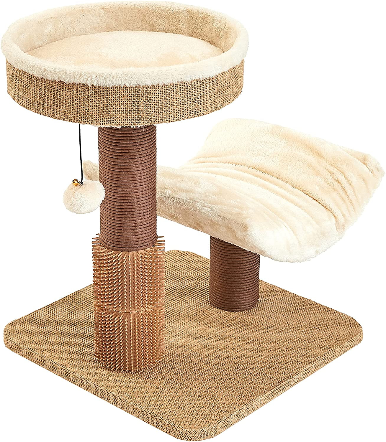 Beige and Brown Faux Fur Compact Cat Tree with Scratching Post
