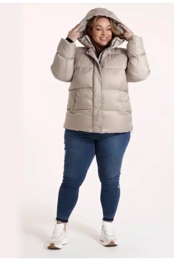 Two by Vince Camuto Puffer Jacket Women's XL Winter Coat Hooded Taupe Tan