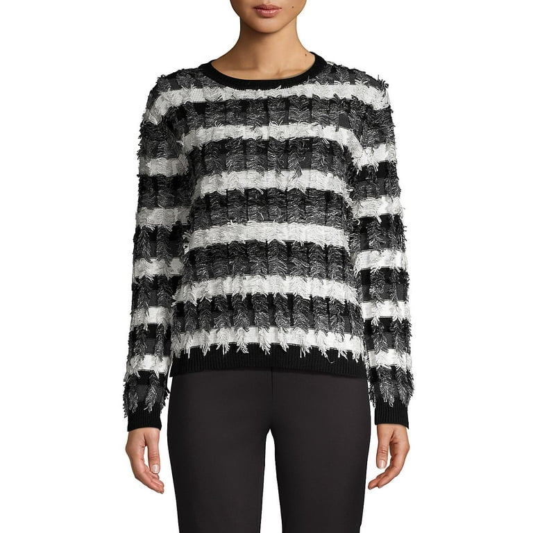 Two by Vince Camuto Striped Fringe Sweater Antique White Medium