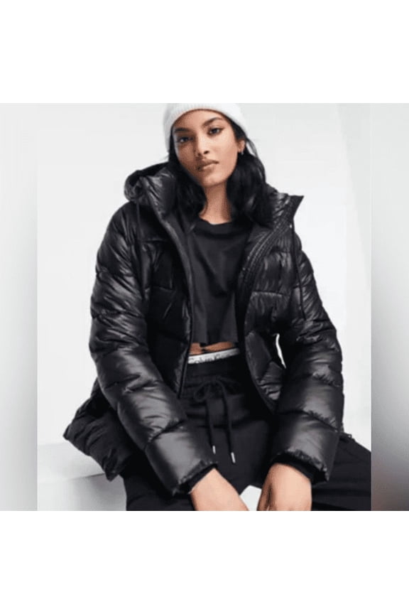 Two by Vince Camuto Women's Hooded Puffer Jacket (Black, Large)