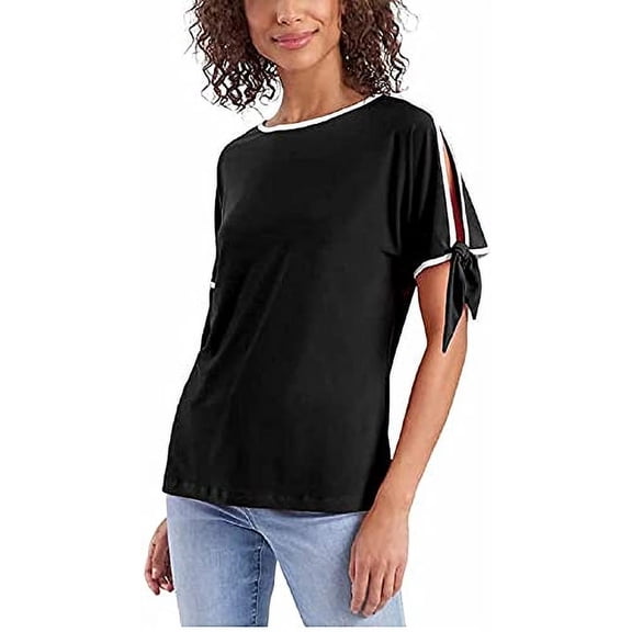 Two by Vince Camuto Women's Tie Sleeve Top (Black/White, S)