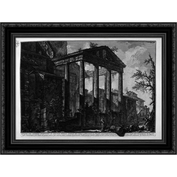 Two capitals and a column base, remnants of ancient buildings in the town of Cora 24x20 Black Ornate Wood Framed Canvas Art by Piranesi, Giovanni Battista