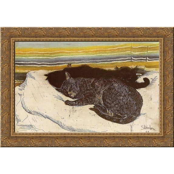 Two cats 24x18 Gold Ornate Wood Framed Canvas Art by Theophile Steinlen