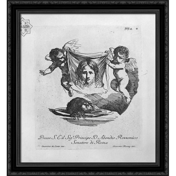 Two cherubs with the Holy Face and the head of St. John the Baptist 28x32 Large Black Ornate Wood Framed Canvas Art by Giovanni Battista Piranesi
