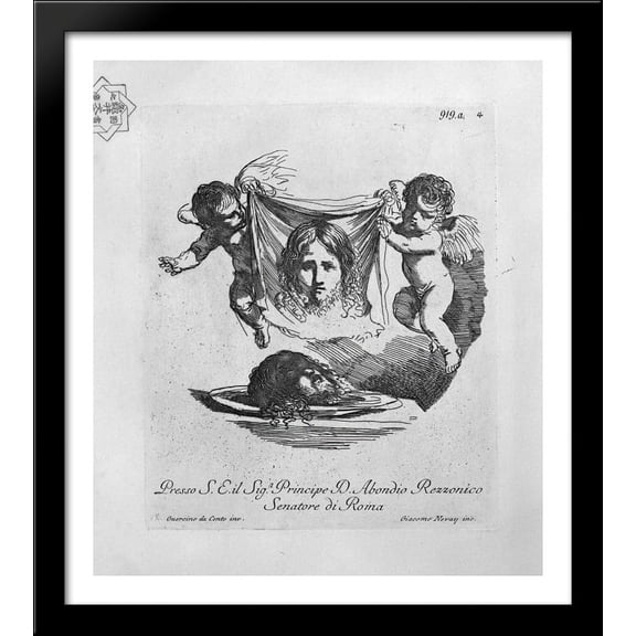 Two cherubs with the Holy Face and the head of St. John the Baptist 28x32 Large Black Wood Framed Print Art by Giovanni Battista Piranesi