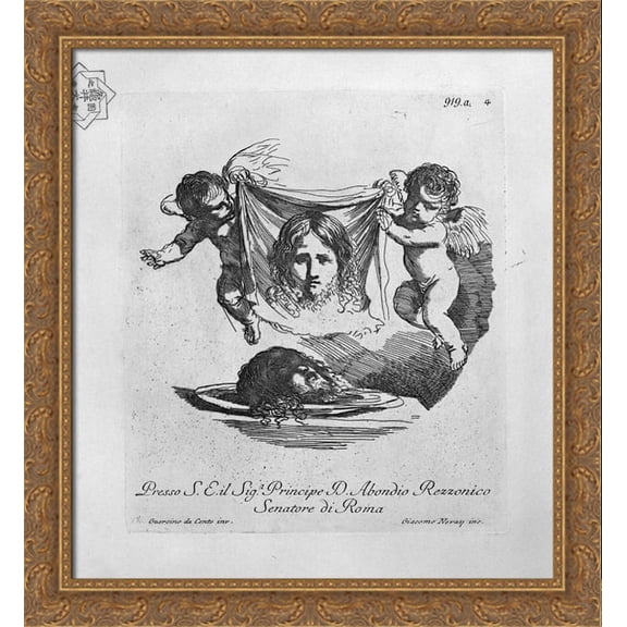 Two cherubs with the Holy Face and the head of St. John the Baptist 28x32 Large Gold Ornate Wood Framed Canvas Art by Giovanni Battista Piranesi