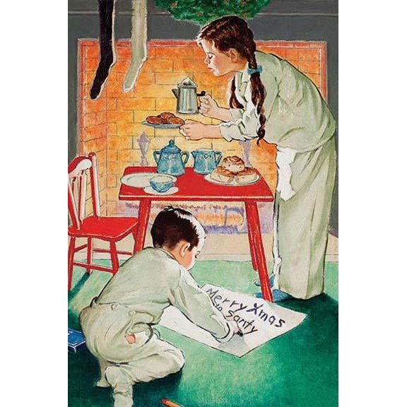 Two children prepare cookies and coffee next to the fireplace for Santa Claus. The boy writes a sign "Merry Xmas Santy." Poster Print by Revere F. Wistehuff (24 x 36)