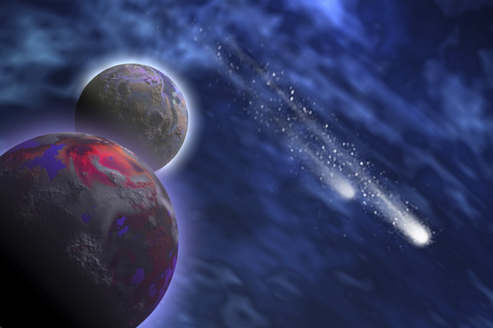 Two comets stream past a planet and its moon Canvas Art - Corey FordStocktrek Images (35 x 23)