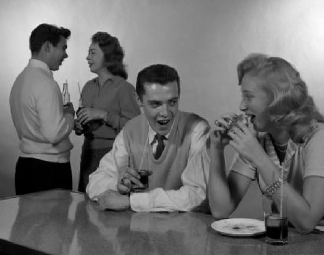 Two couples flirting in cafe Canvas Art - (24 x 36)