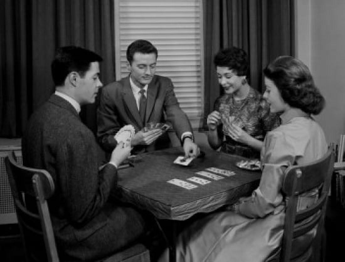 Two couples playing cards indoors Canvas Art - (24 x 36)