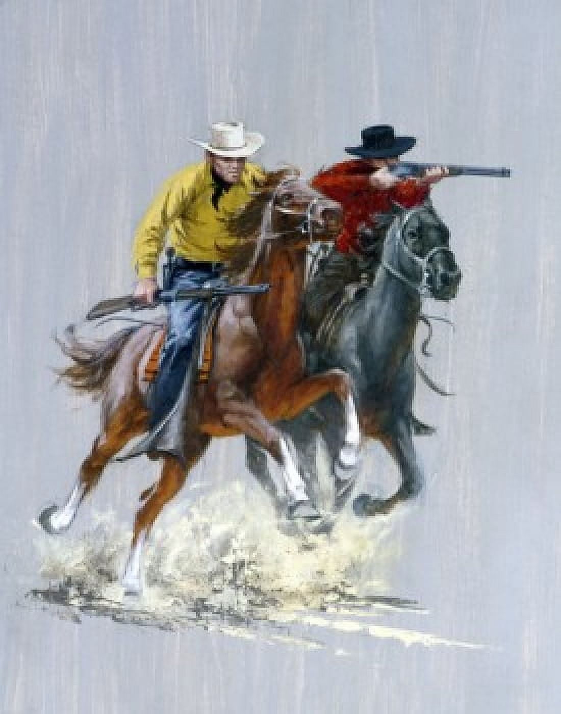 Two cowboys shooting on horseback Canvas Art - (18 x 24)