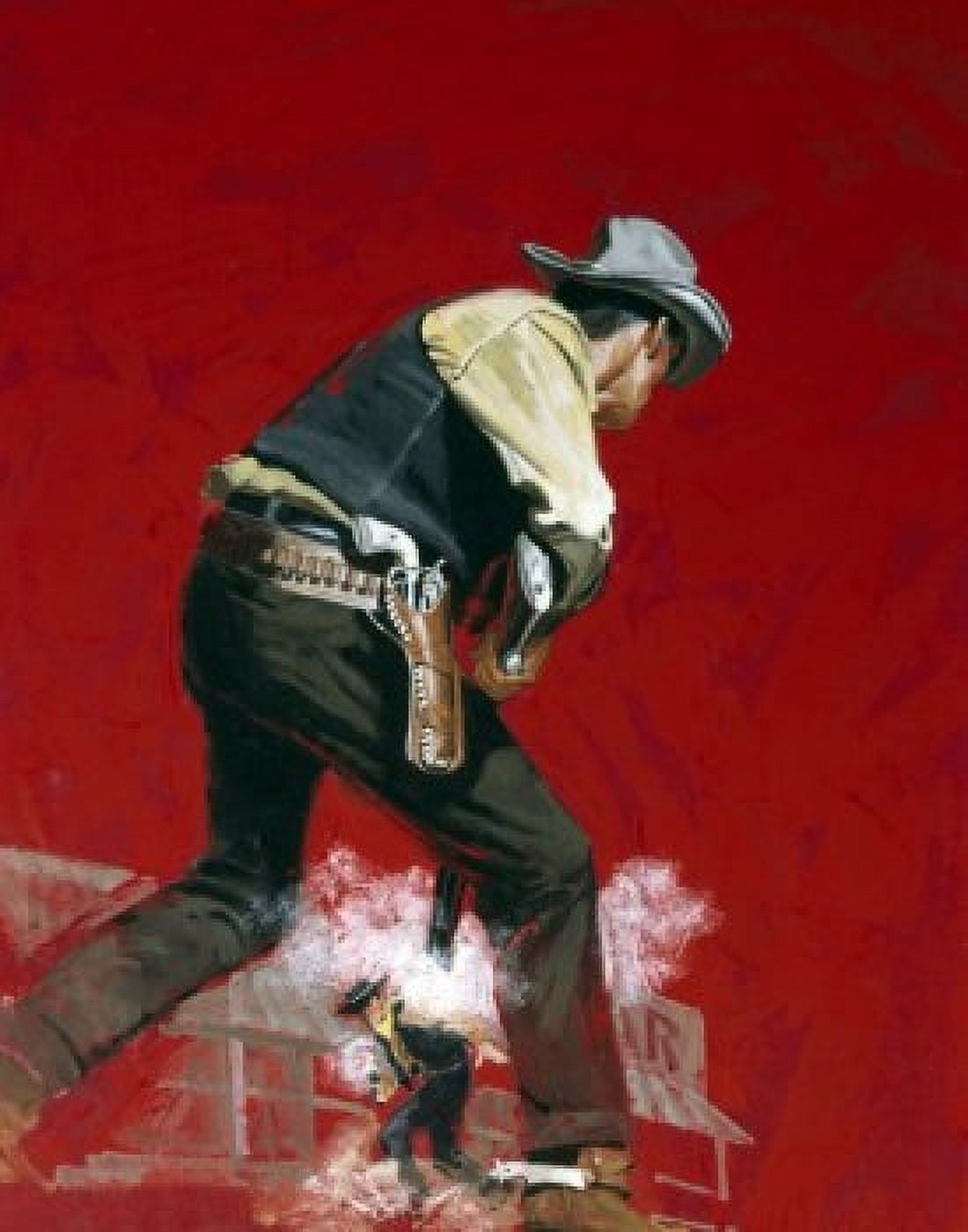 Two cowboys shooting pistols in duel outside saloon Canvas Art - (18 x 24)