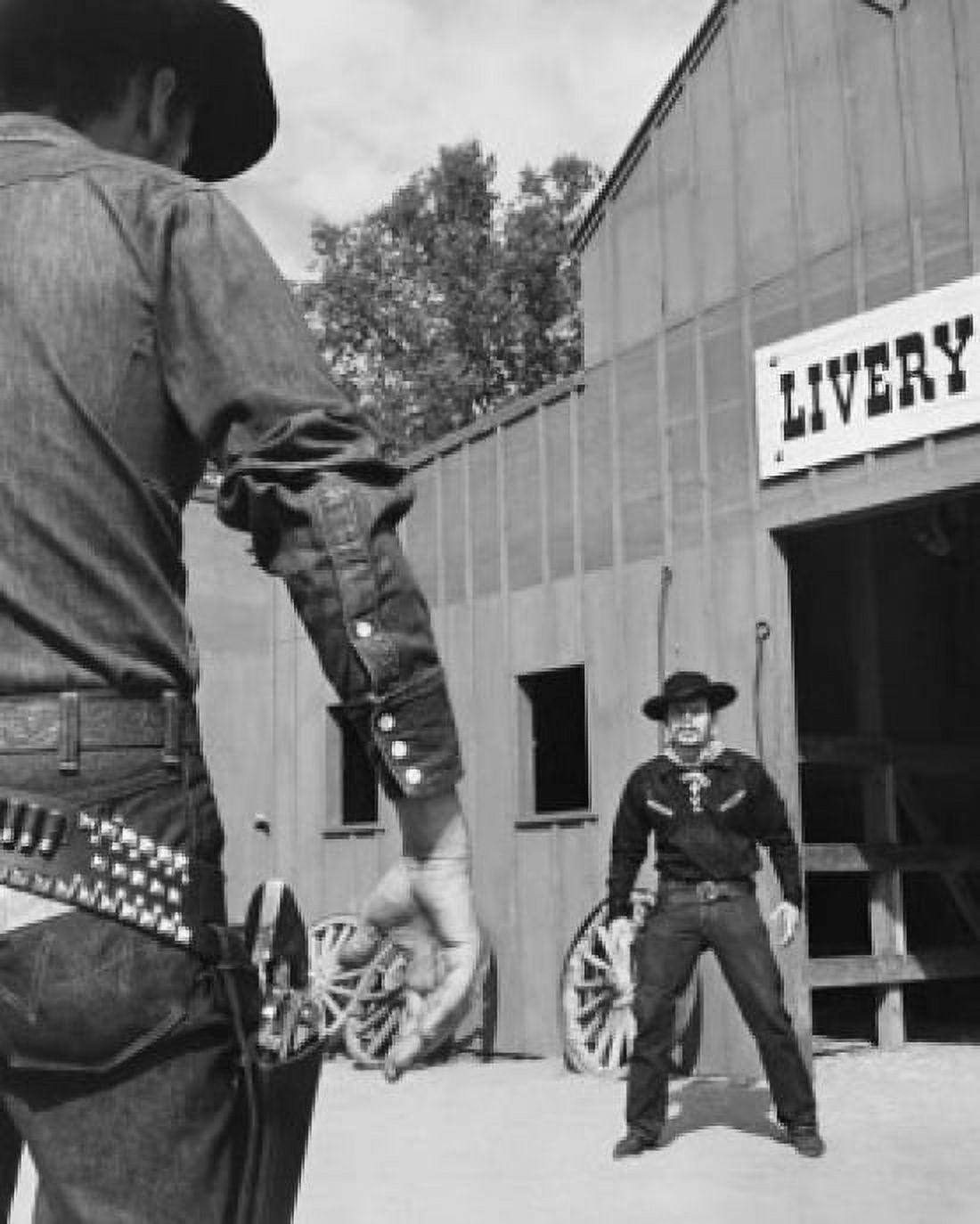 Two cowboys standing in front of a barn Canvas Art - (18 x 24)